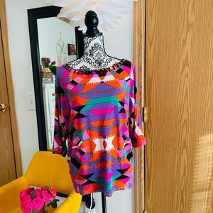 Joyous & Free Women’s Southwestern Print Jeweled Boat Neck Colorful Top S